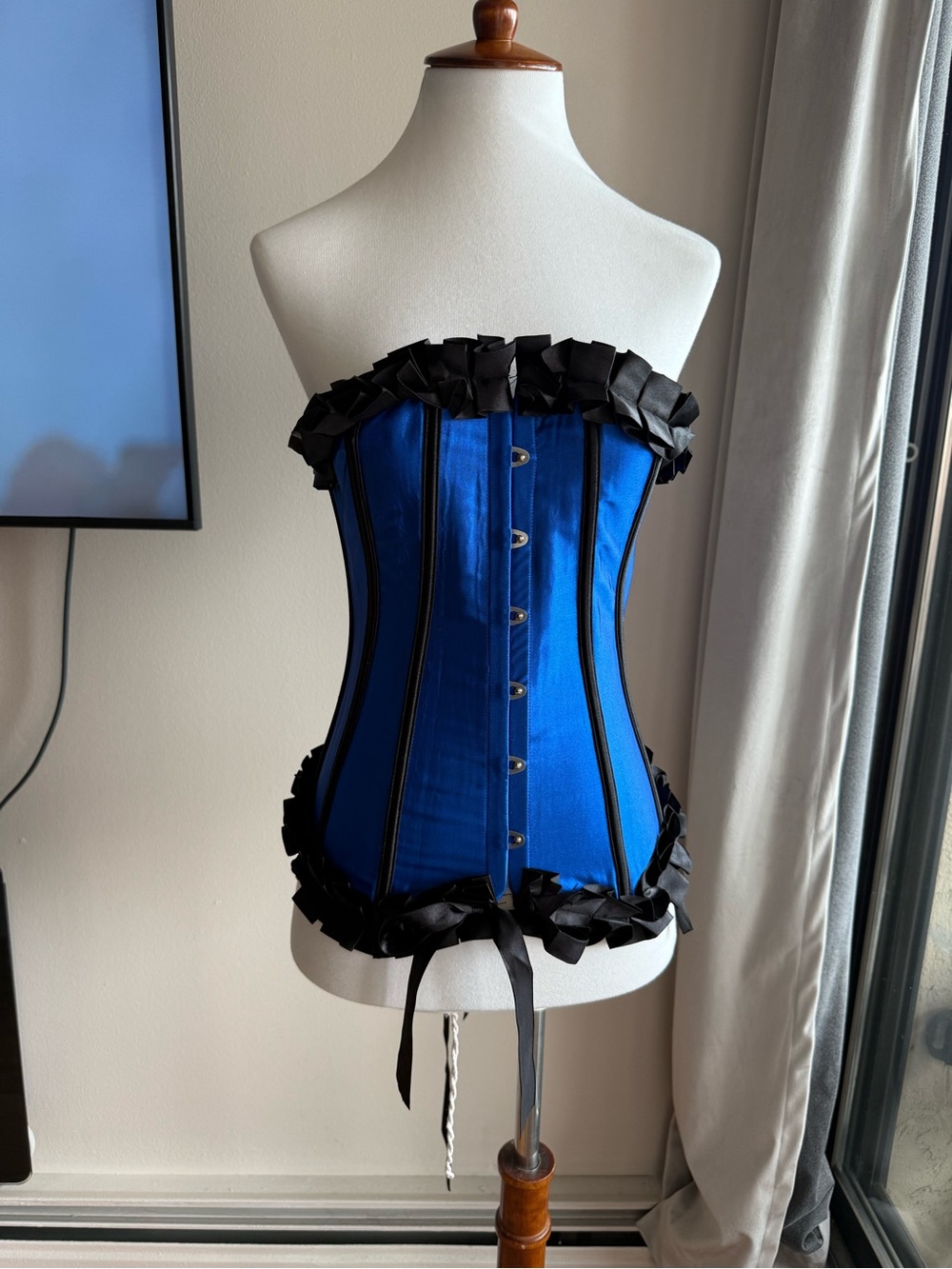Royal Blue Satin Ruffled Overbust Corset